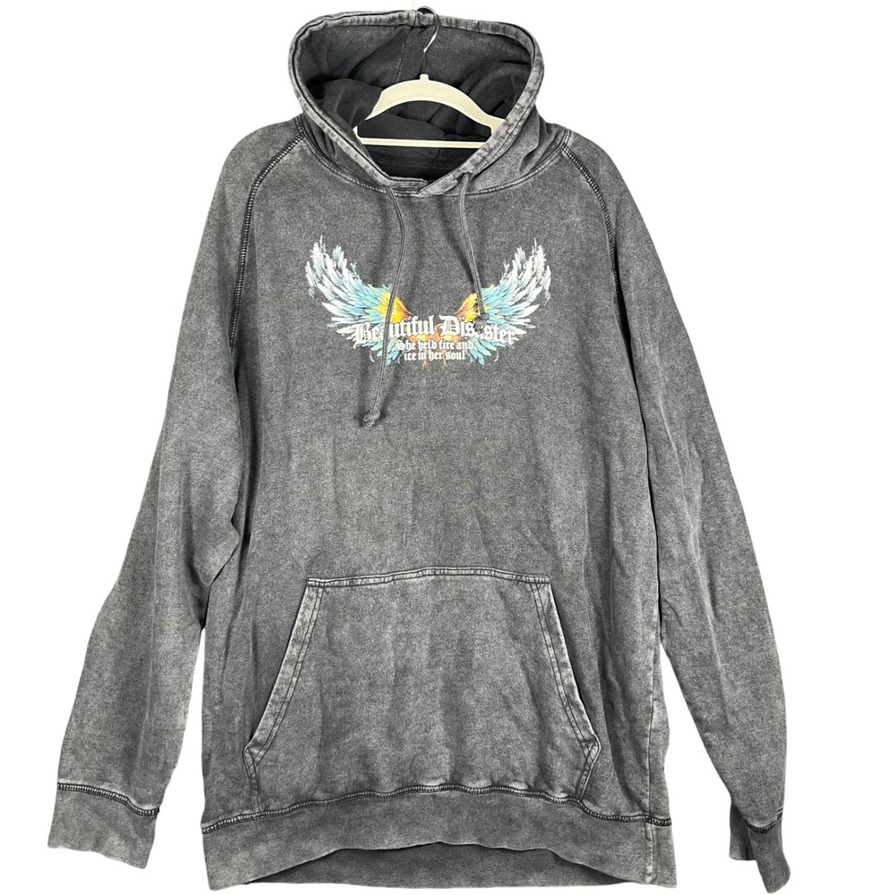 Beautiful Disaster Hoodie Women C1X Gray Mineral Wash Angel Wings Pullover